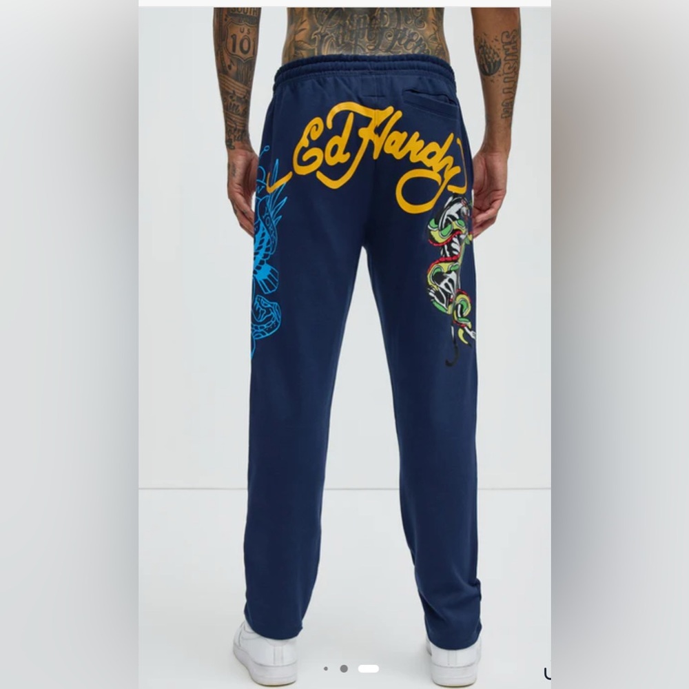 Ed Hardy Panther Bulldog Sweatpants Midnight Blue Size Large - Picture 1 of 9